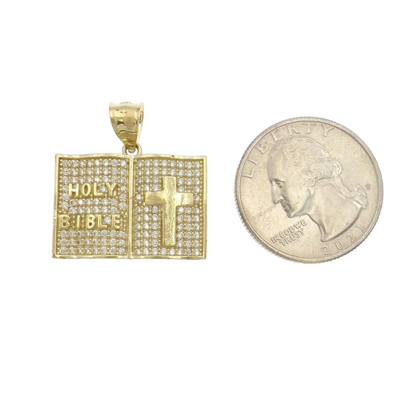 10k Gold Holy Bible Praying Book Pendant Charm Cz 1" - Picture 2 of 3